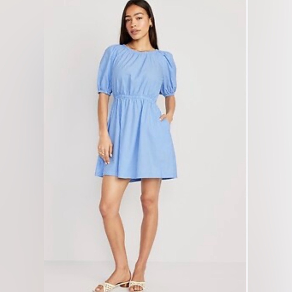 Waist-Defined Puff-Sleeve Striped Cotton-Poplin Mini Dress, Old Navy Dress